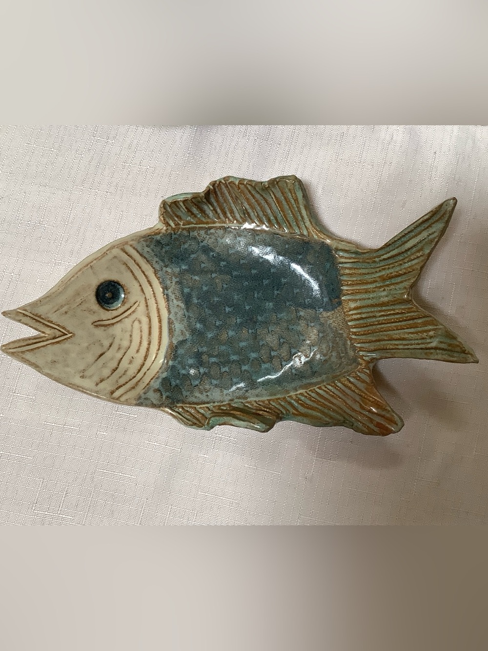 Pottery Fish Dish Handpainted Artist Signed Blue Brown 9”X 5.5” Littl Island